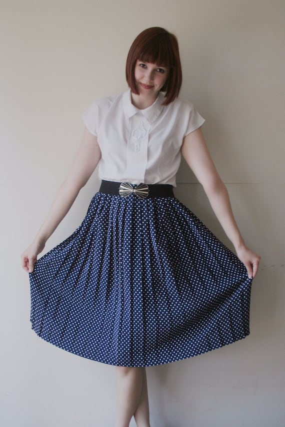 Polka Dot Pleated Midi Skirt in Navy/ White