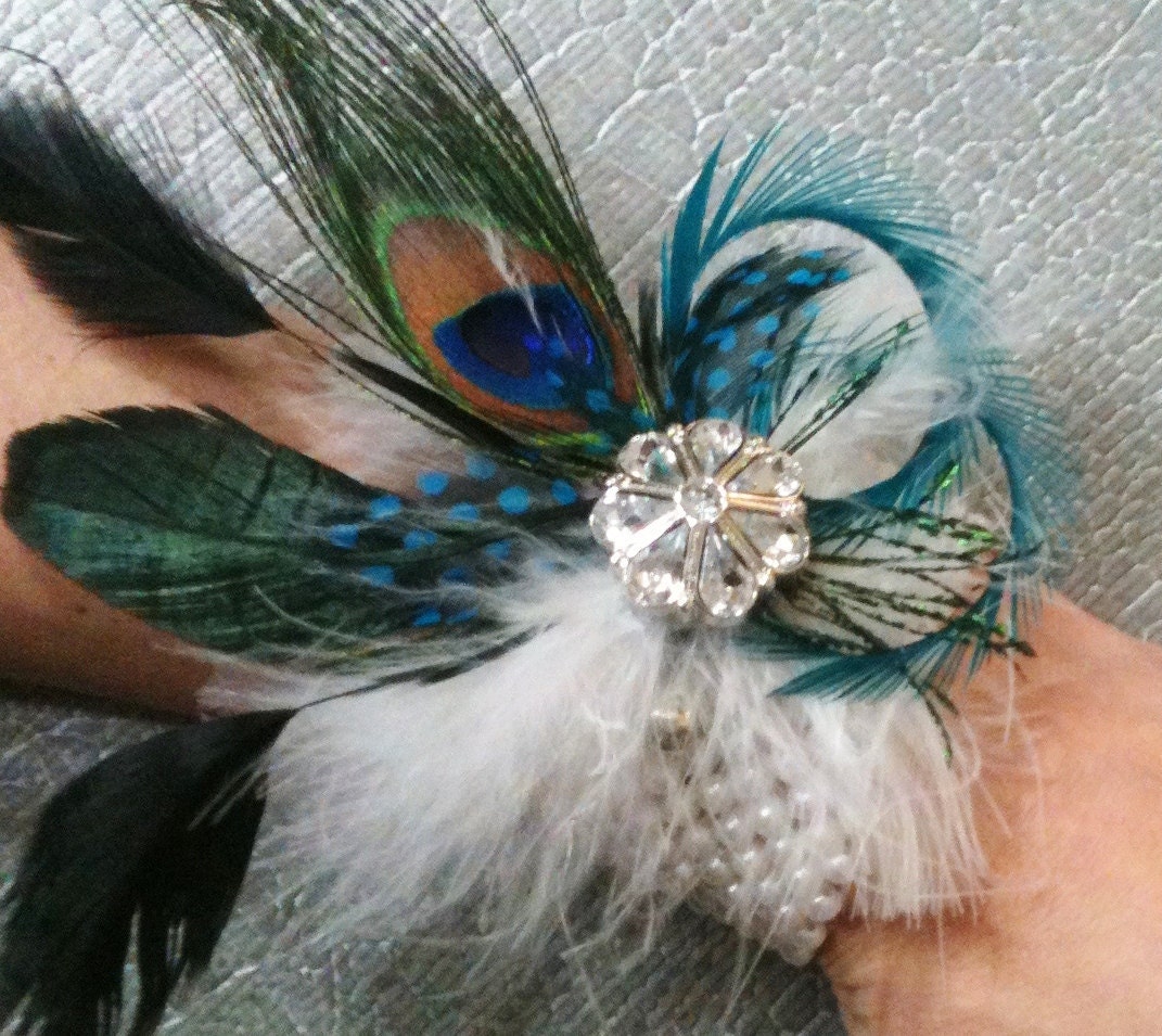 Peacock Feather Wedding Corsage Vintage BLING Wrist