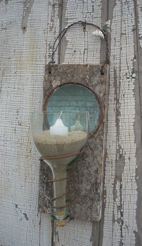 Rustic Recycled Wine Bottle Mirrored Candleholder Recycled Bottle Art Garden Art