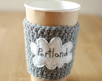 Portland Cup Cozy, Crochet Coffee Sleeve, Reusable Coffee Cozy, Rain Cloud Coffee Cozy by The Cozy Project