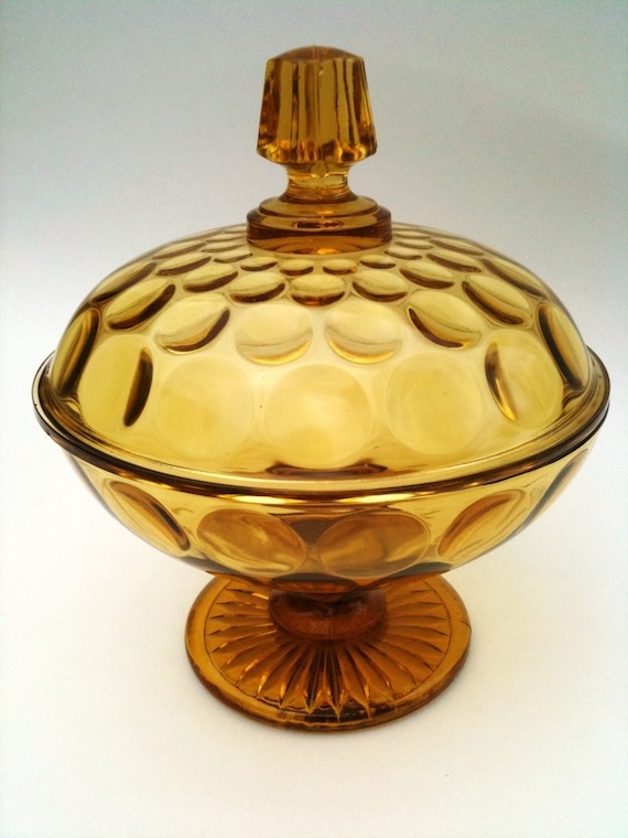 Amber Thumbprint Candy-Dish. Topped with an Angular Obelisk