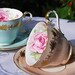 Vintage Aynsley Pair Tea Cups and Saucers, Blue, Peach, Pink Rose, Gilt, England c.1930's
