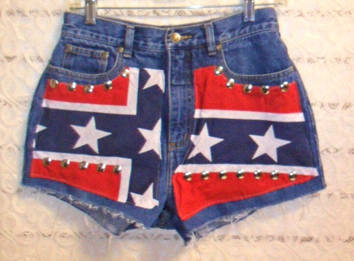 Vintage High Waisted Denim Shorts Studded REBEL Flag