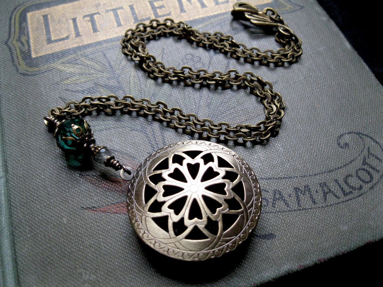 Scent or Perfume Locket in Antique Brass. Victorian Filigree