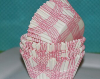 pink cupcake liners (50 ct )- pink gingham plaid cup cake liners, baking cups, muffin cups, cupcake standard size, grease proof
