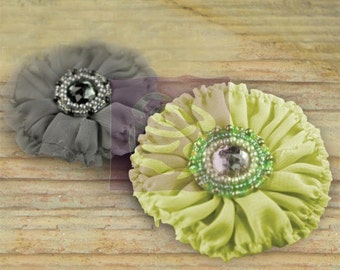 Gray & Green Fabric Flowers - Regent Collection - Hamlet - 548957 Sheer fabric flowers with embroidered fray edges. Grey and green flowers