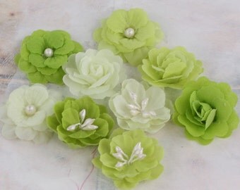 small 1" fabric flowers - Lady Godivas Collection - Limeade 557065 - tiny fabric flowers in varying styles - shades of light green, lime