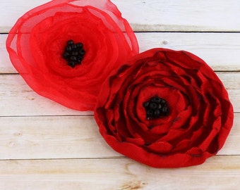 3" flowers - Poppy Collection - 922016 - one dark red satin and one true red sheer fabric poppy flowers with embellished centers
