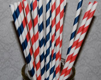 50 Red and Navy Blue mixed combo striped paper drinking straws - with FREE Blank Flag Template. See also - "Personalized" flags option.