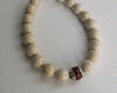 Handmade Mens White Fossil Beaded Bracelet with Red Tibetan Bead Accent