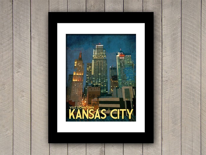 Kansas City Travel Print Downtown Vintage Deco Style Poster in