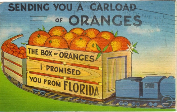 Tall-Tale Postcard Florida Oranges Train cars