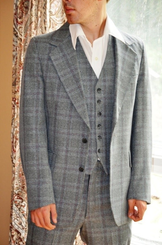 Retro Polyester Suit/ Men's Vintage Hipster Plaid Suit/