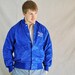 Unisex Blue Softball Varsity Jacket Vintage Satin Bomber Mens Womans Sports Flannel Lined Coat Snap up Medium