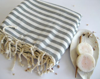 SALE 25% OFF NATURAL Cotton Turkish Towel, Peshtemal, Bath and beauty, beach towel, hammam towel, Spa, Gray, Grey Striped, Christmas gift