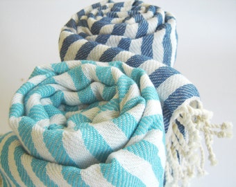 Turkish Bath and Beach Towel: Peshtemal, Light and Thin Bath, Beach, Spa Towel, Sarong, Paroe, Aqua Striped