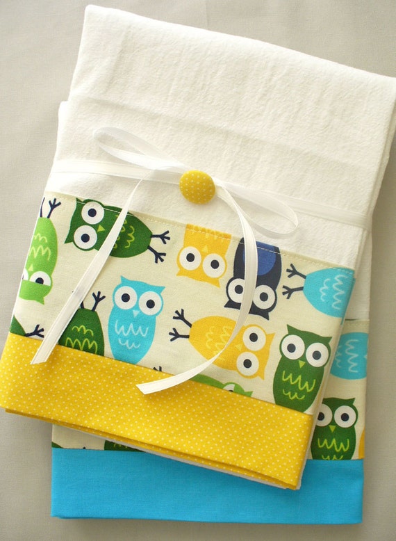 Kitchen towels with owl pattern cotton fabric accent set of