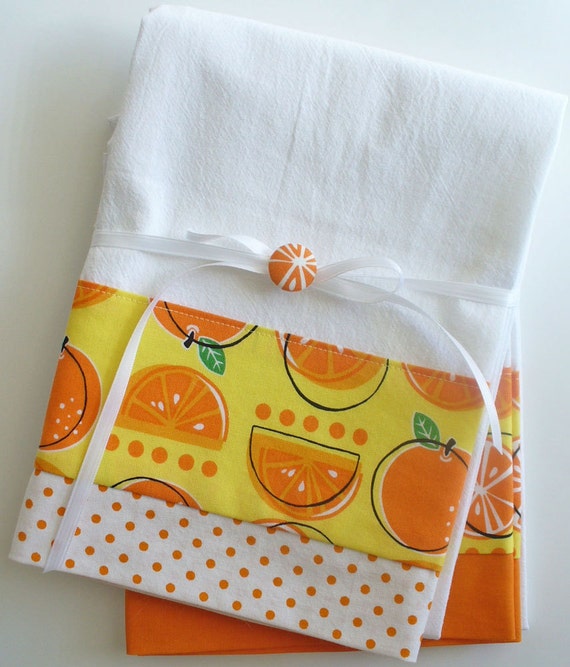 Kitchen towels with orange fruit pattern cotton fabric accent