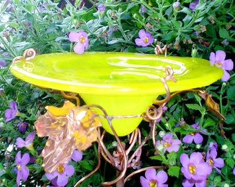 HOUSEWARMING Gift, Butterfly and Bird Feeder, stained glass, copper, Suncatcher, yellow, Garden Art