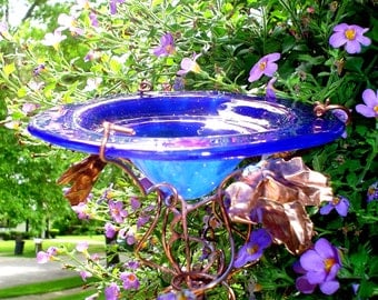 GET WELL gift, Bird Feeder, Butterfly Feeder, Garden Art, Outdoor, stained glass, copper, Cobalt Blue, 14K Gold