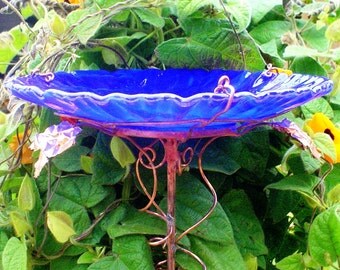 WEDDING Garden Gift, Garden BIRD BATH, 8.25" diameter, Bird Feeder, stained glass, fused glass, copper art, Cobalt Blue, Suncatcher