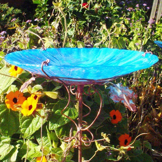 Glass BIRD BATH stained glass copper Aqua by GloriasGlassGarden