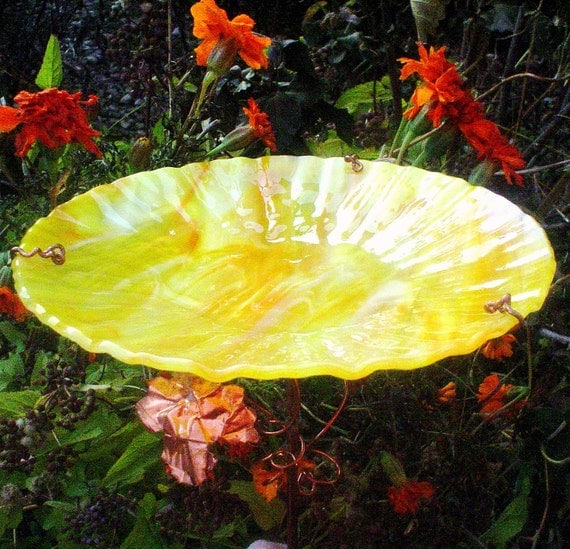Glass BIRD BATH stained glass copper Yellow Orange