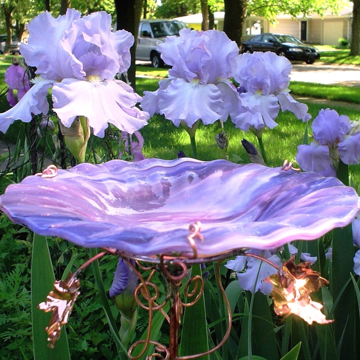 Garden BIRDBATH Stained Glass Purple Lavender Copper