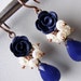Flower dangle earrings,drop earrings,beadwork cluster chandelier,blue rose polymer clay, embroided statement,gemstone earrings, pearls jade