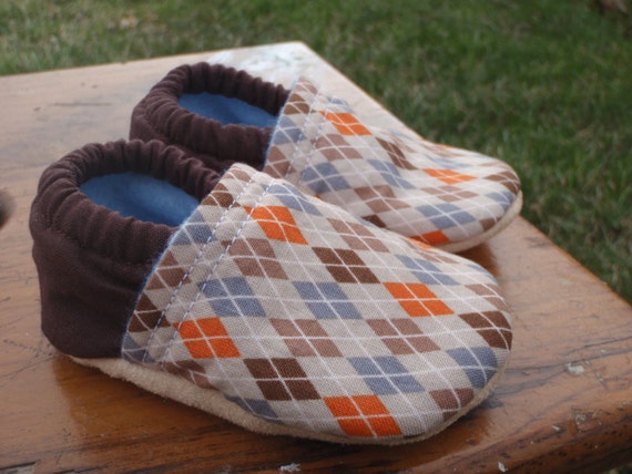 Baby Shoes for Boys - Brown, Blue and Orange Argyle - Custom Sizes 0-3 3-6 6-12 12-18 18-24 months