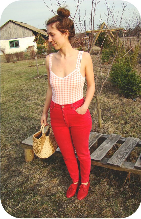 red high waisted flare jeans