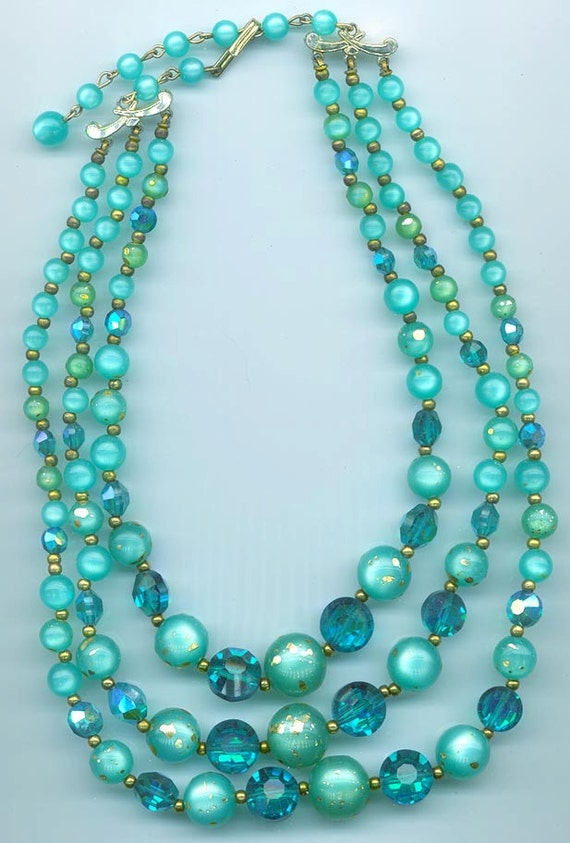 Gorgeous vintage 3-strand necklace teal gold-splashed