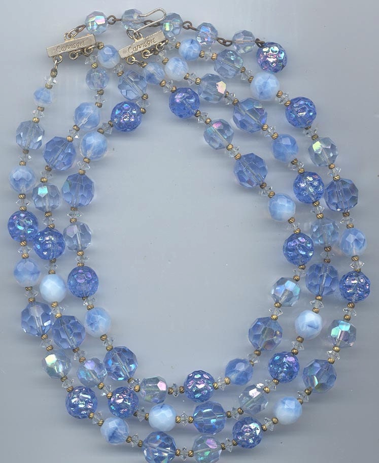 Awesome vintage 3-strand glass and crystal necklace in blues