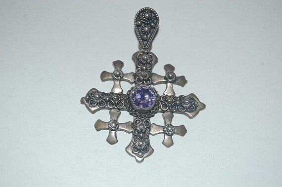 Big Sterling Silver Jerusalem Cross Pendant w Purple Stone