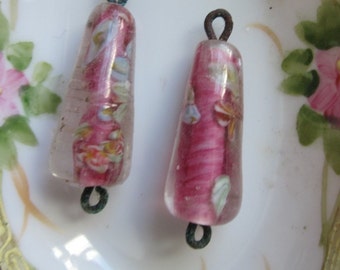 2 Antique Pink Glass Drops