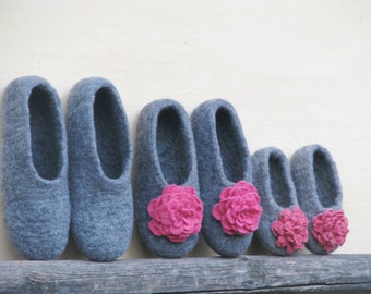 Family felted gray slippers set. Gift set for her, for him and daughter. Made to order. Eco friendly.