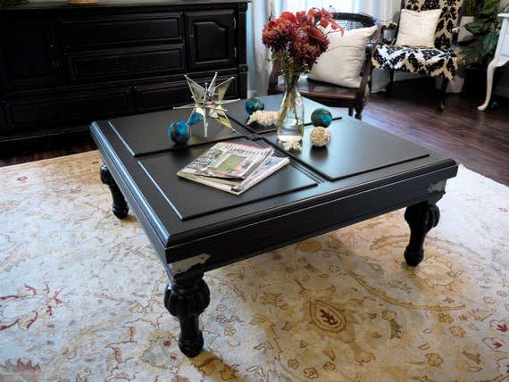 Black Distressed Coffee Table with Chunky Legs by noteworthyhome