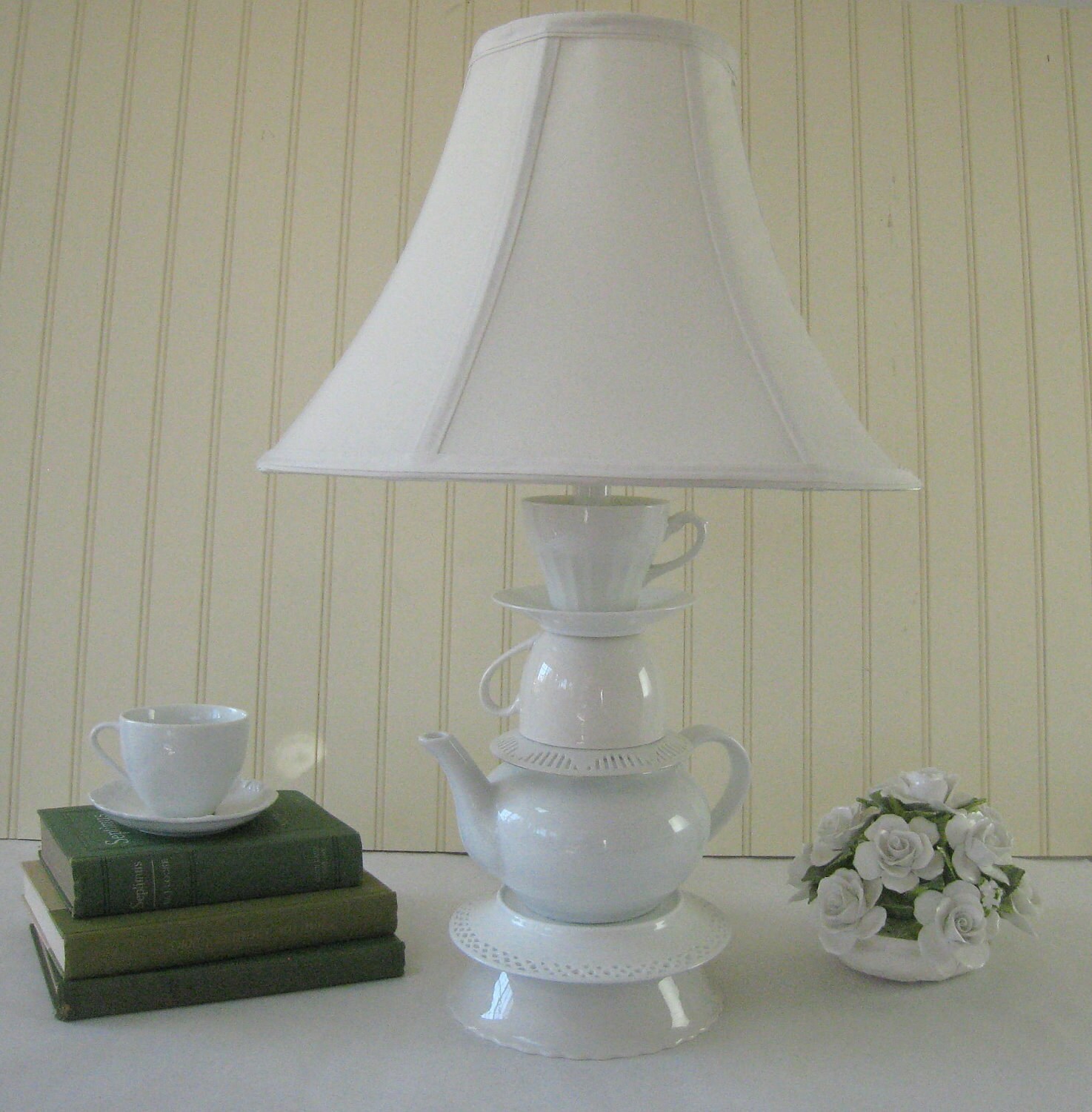 White Teapot Lamp Tea Cups and Saucers Shabby by ThistleandJug