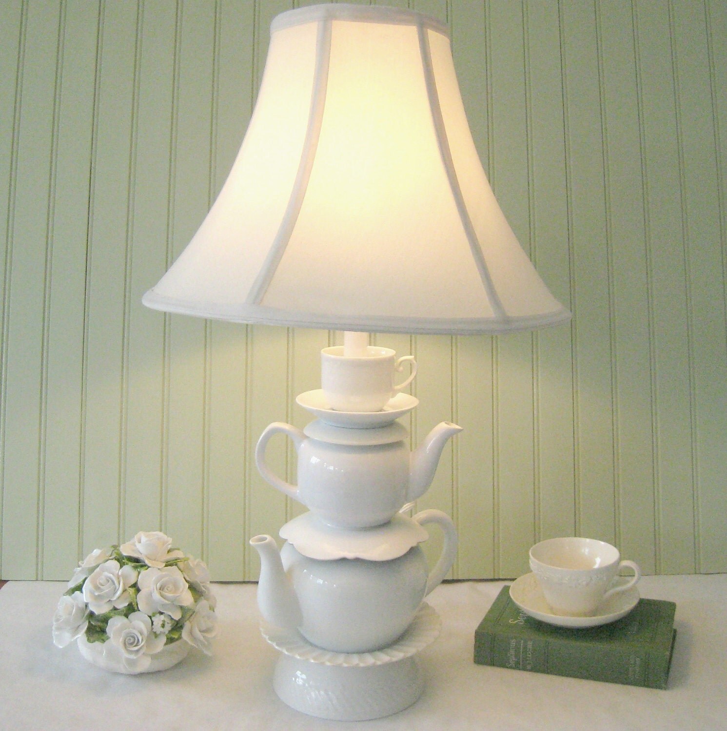 Stacked Teapot Lamp White Teapots and Tea Cup by ThistleandJug