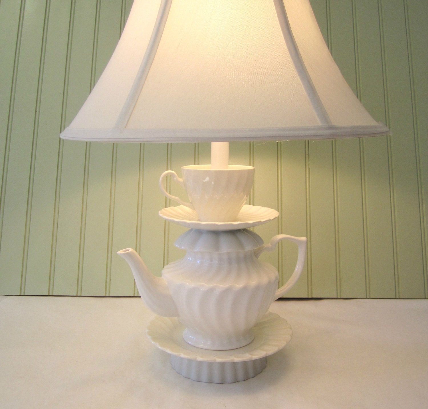 Teapot Lamp White Swirled Pattern Teapot Tea Cup by ThistleandJug