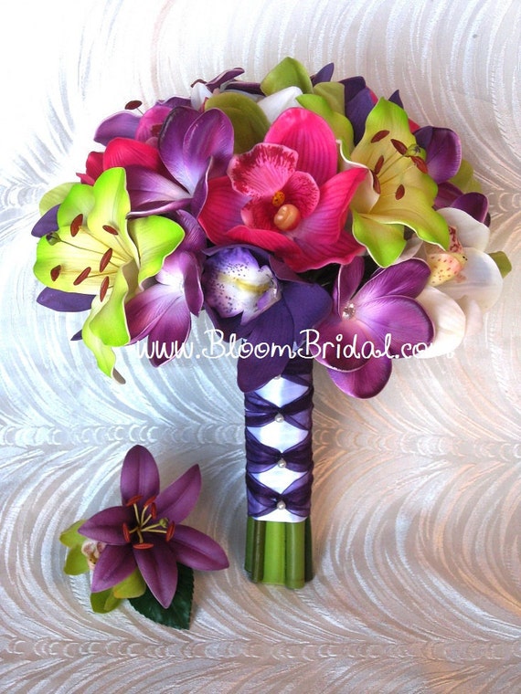 Real touch Orchids, Lilies & Plumerias Bouquet in purple, fuchsia and lime green.