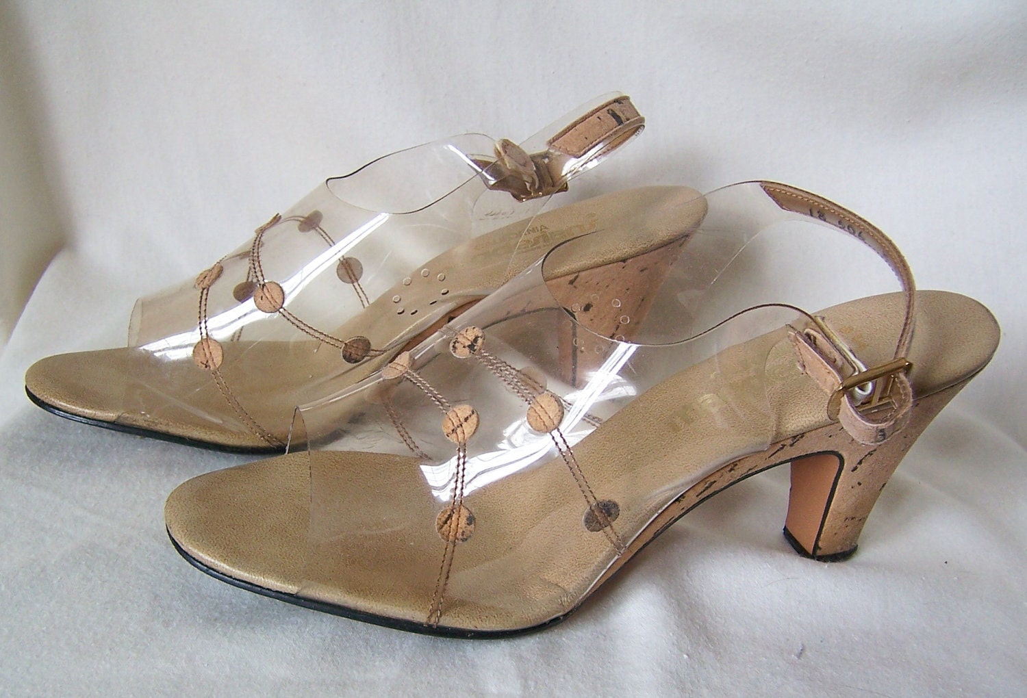 vintage 70s cork heel clear sandals shoes slingbacks 7 1/2 to