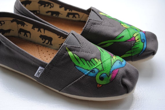 Hand Painted Toms In Colorful Swallows Bird Design READY TO