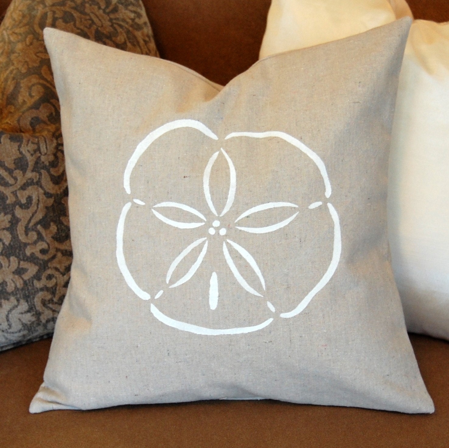16 Canvas Throw Pillow Cover with Sand Dollar Stenciled