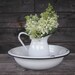 SALE-Vintage White Enamel Wash Bowl And Pitcher With Black Trim