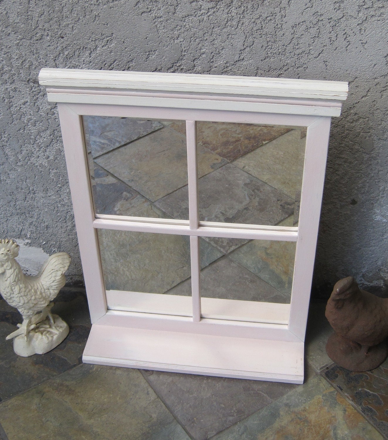 Shabby Chic Cottage Pink Window Mirror with Shelf