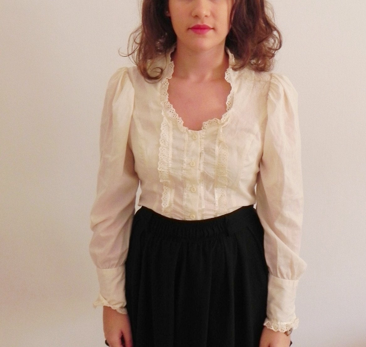 Vintage Cream Puff Sleeve Lace Blouse