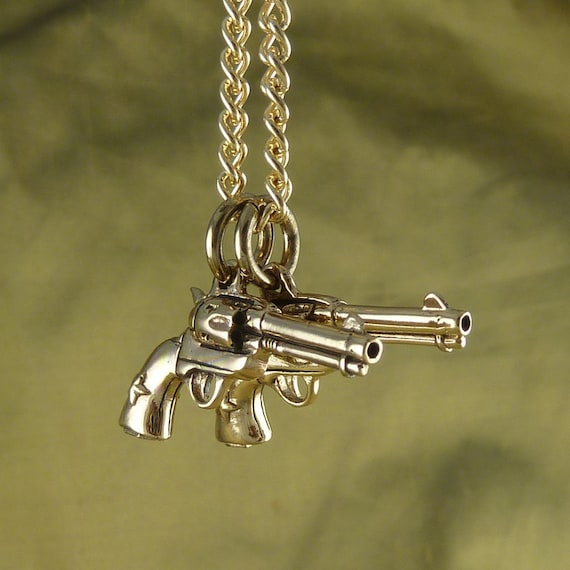 Gun Necklace Bronze Pistol Pendant on 24 Gold by LostApostle