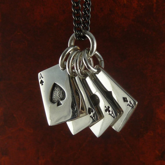 Playing Cards Necklace Antique Silver Aces Pendant on 24