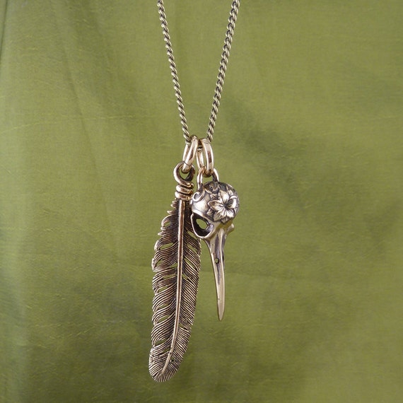 Feather and Hummingbird Skull Necklace Bronze Bird Skull and